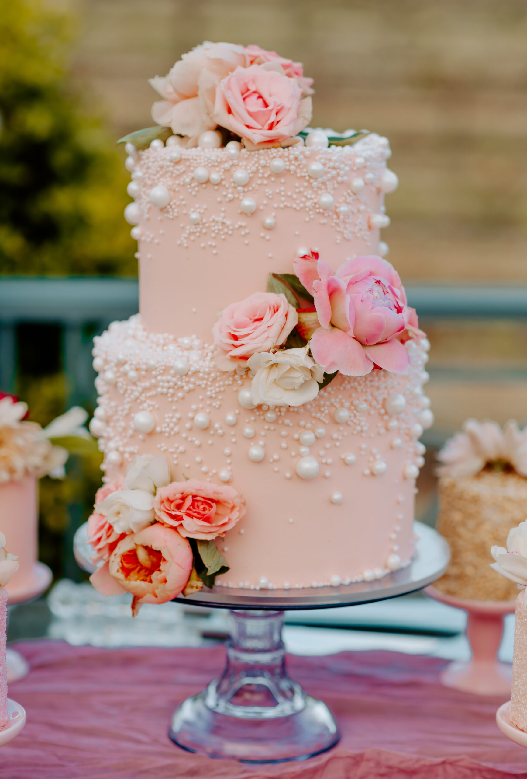 Two Tier Pink Sugar Pearl Cake with Pink Peonies - Crumb Cakery 