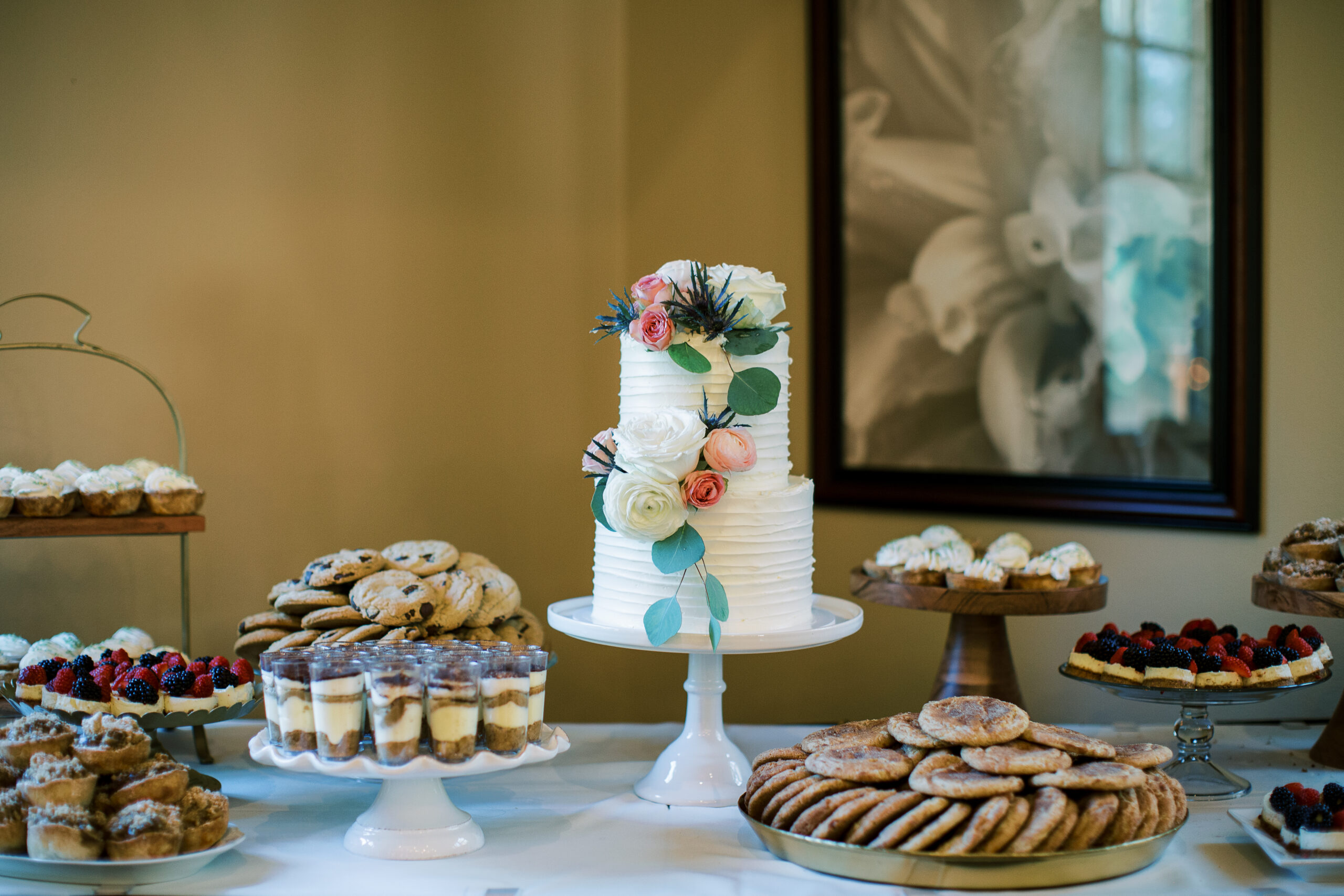 Textured Buttercream Wedding cake and Dessert Table - Crumb Cakery - Five Pine Lodge