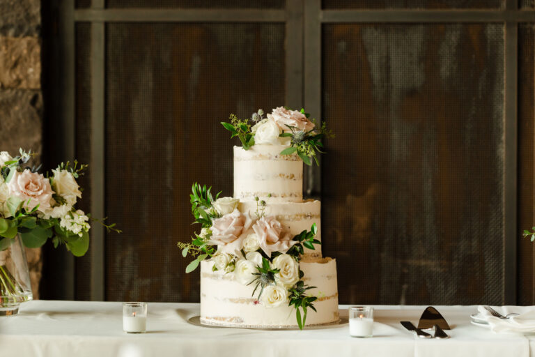 semi-naked three tier cake with fresh flowers - Tetherow Bend, Oregon