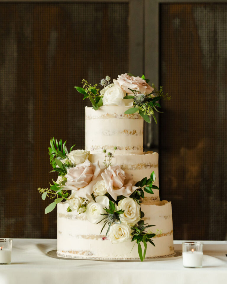 semi-naked three tier cake with fresh flowers - Tetherow Bend, Oregon