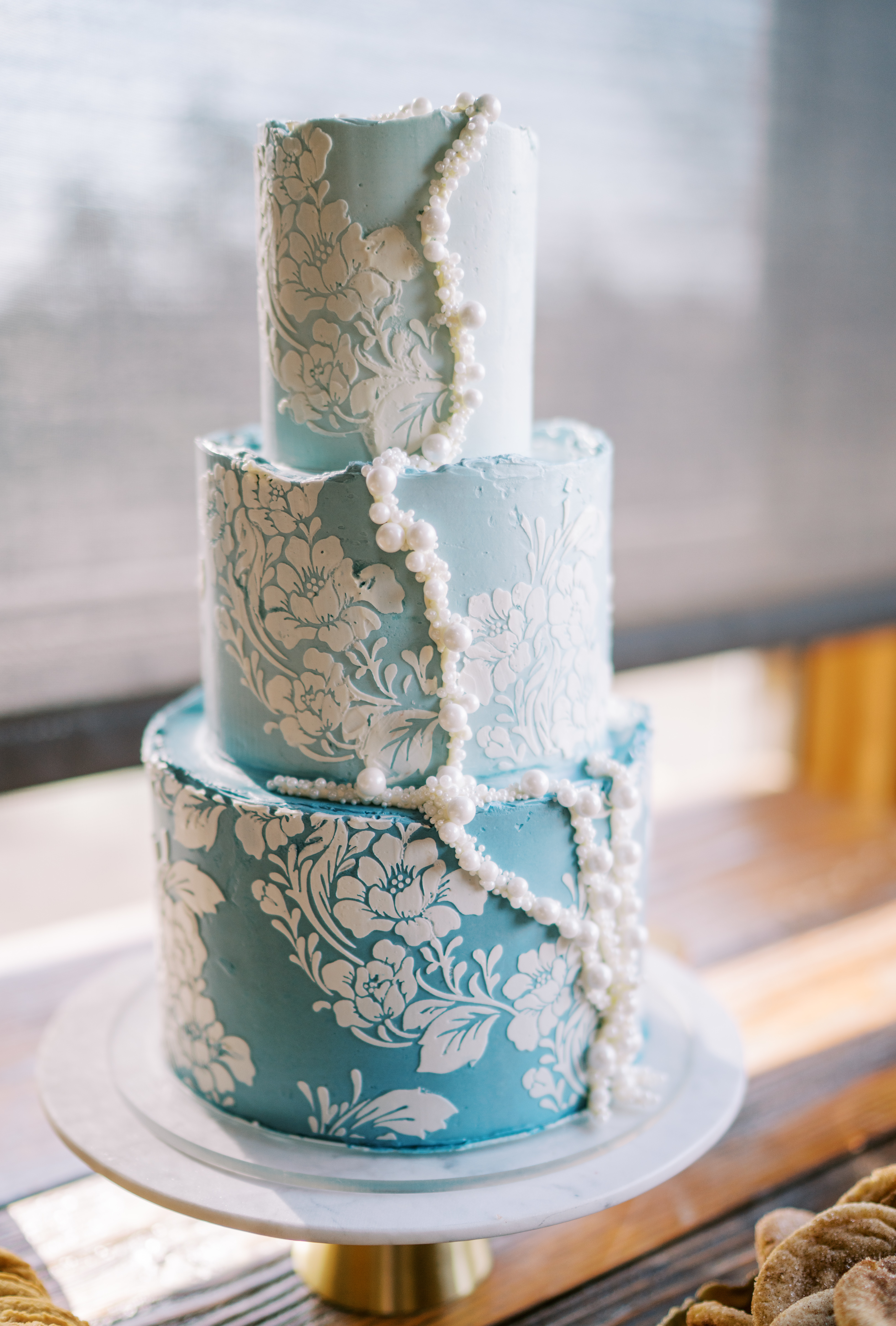 Ombre Blue Wedding Cake with Floral Stenciling - Crumb Cakery - Brasada Ranch Wedding