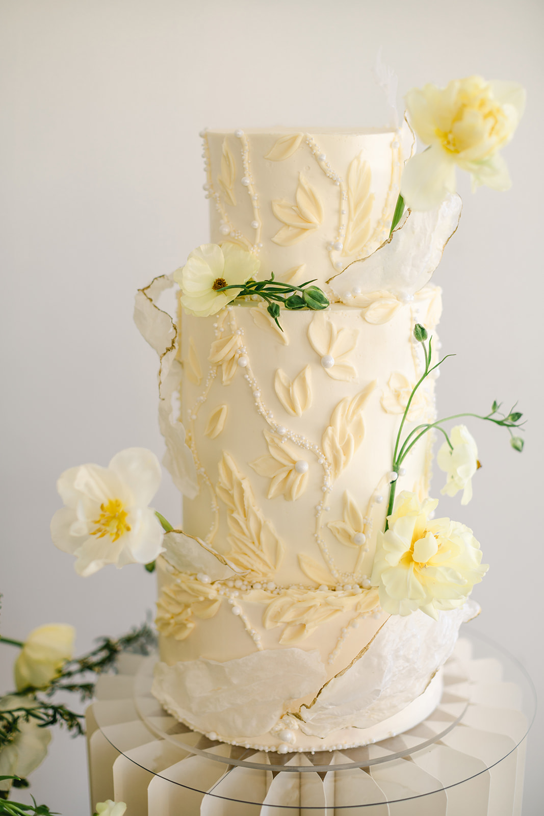 Yellow Palette Knife Flower Cake for Spring Wedding - Crumb Cakery - White Aspen Creative