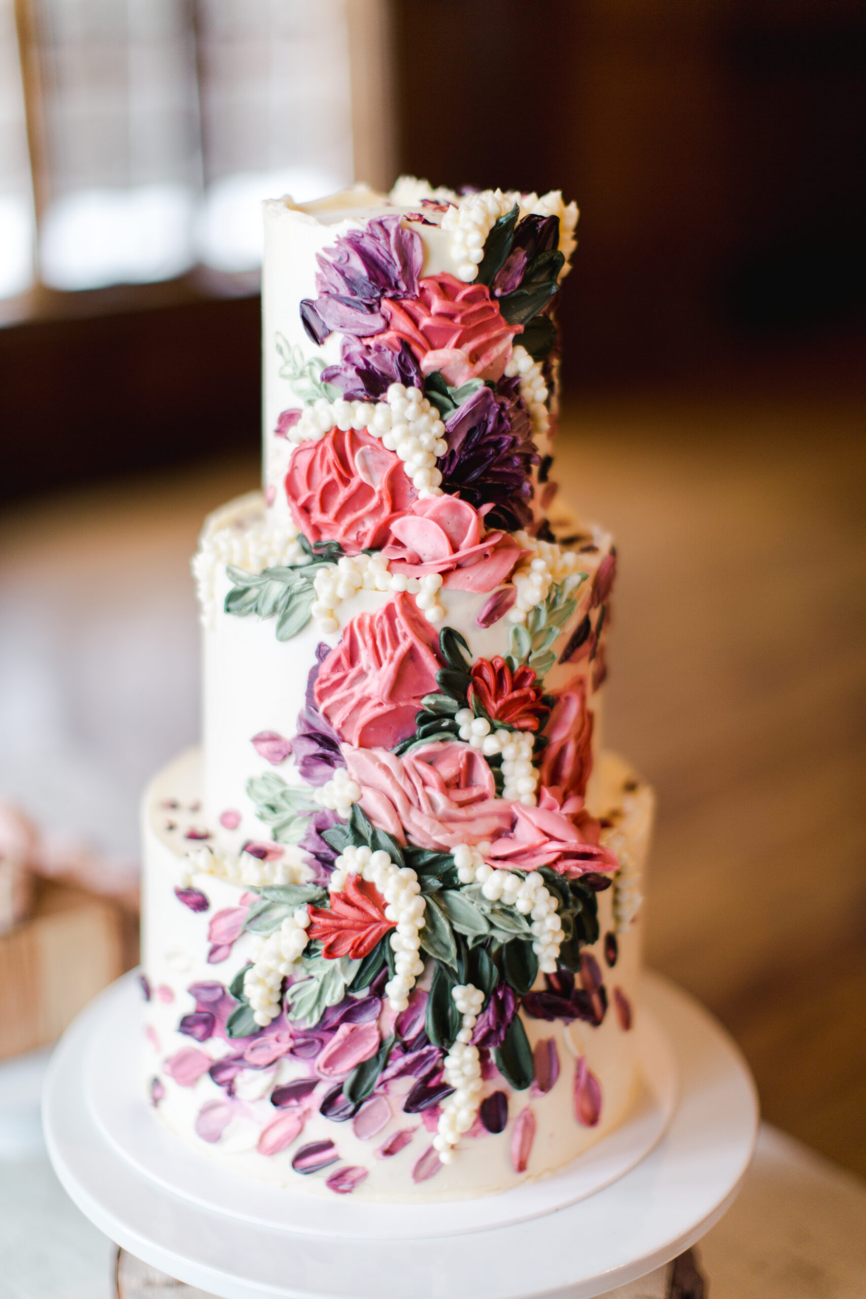 Pink and Purple Carved Buttercream Flower Spring Wedding Cake - Crumb Cakery - Sunriver Resort Wedding