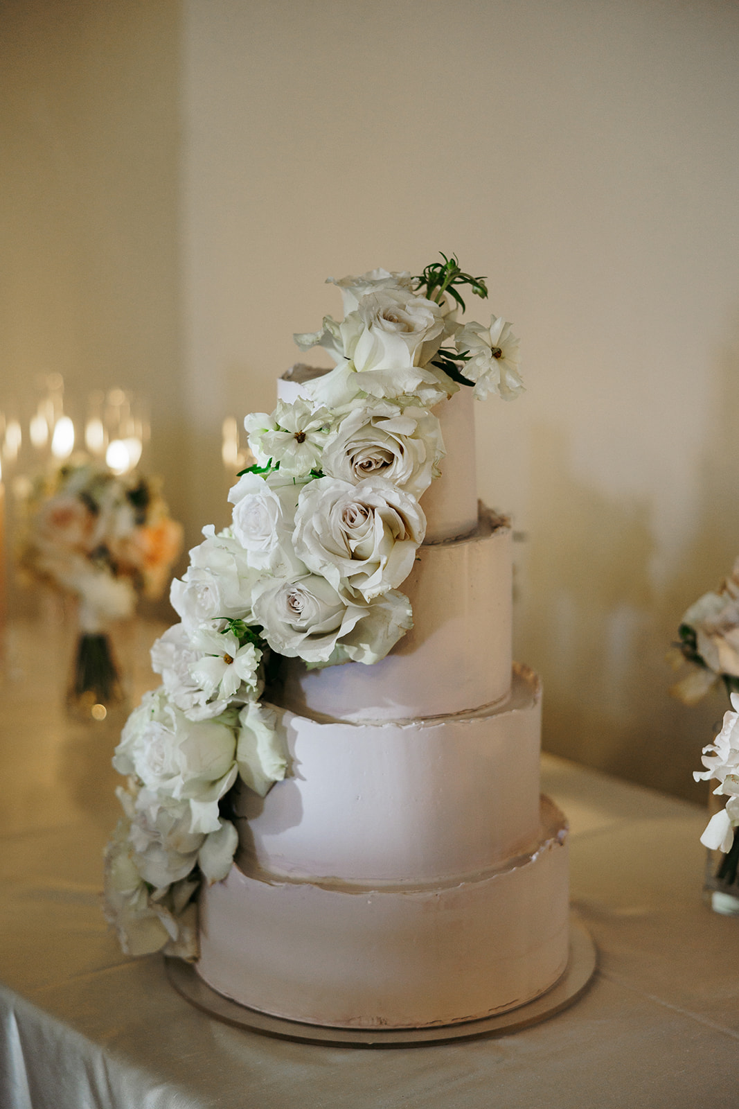 Four Tier Purple Wedding Cake with Fresh Roses - Crumb Cakery - Juniper Preserve Wedding