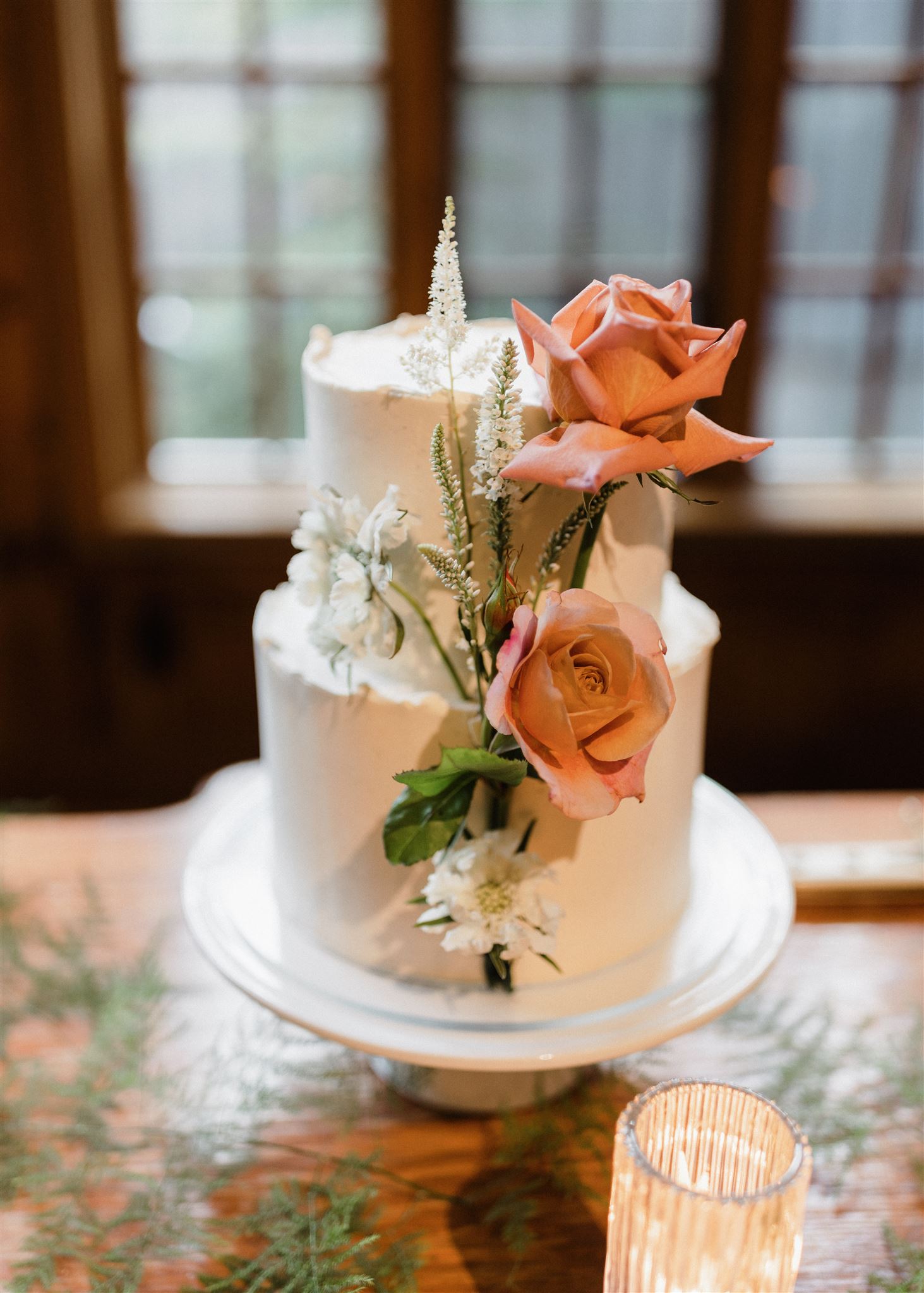 Spring wedding cake with fresh pink roses - Crumb Cakery
