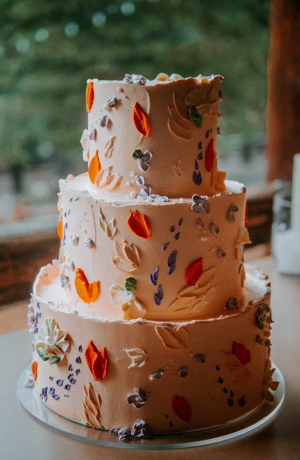 Peach wedding cake with palette knife flowers - Crumb Cakery
